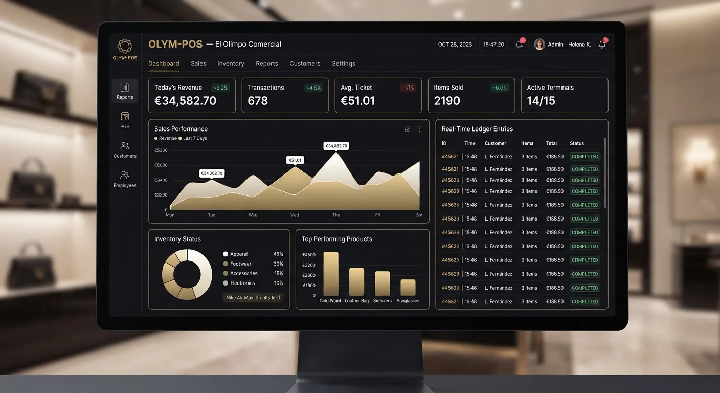 Interfaz de OLYM-POS: panel de punto de venta con ventas, inventario y analítica